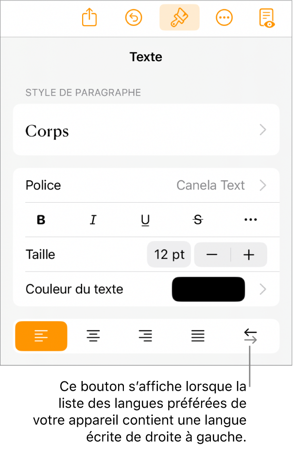 Les commandes de texte dans le menu Format avec une légende pointant vers le bouton « Droite à gauche ».