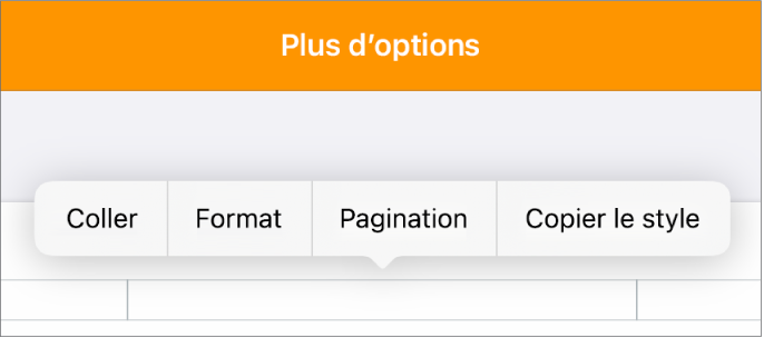 Trois champs d’en-tête avec le point d’insertion dans celui du milieu et un menu local affichant l’option Pagination.