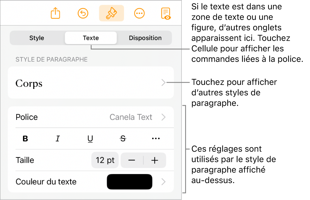 Menu Format montrant les commandes de texte permettant de définir les styles, la police, la taille et la couleur des paragraphes et des caractères.