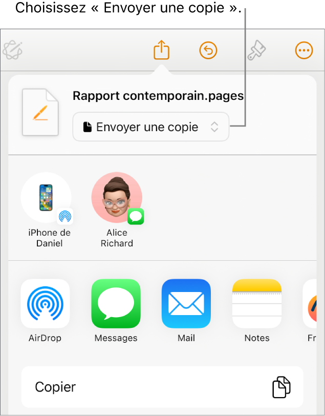 Le menu Partager avec l’option Envoyer une copie sélectionnée en haut.