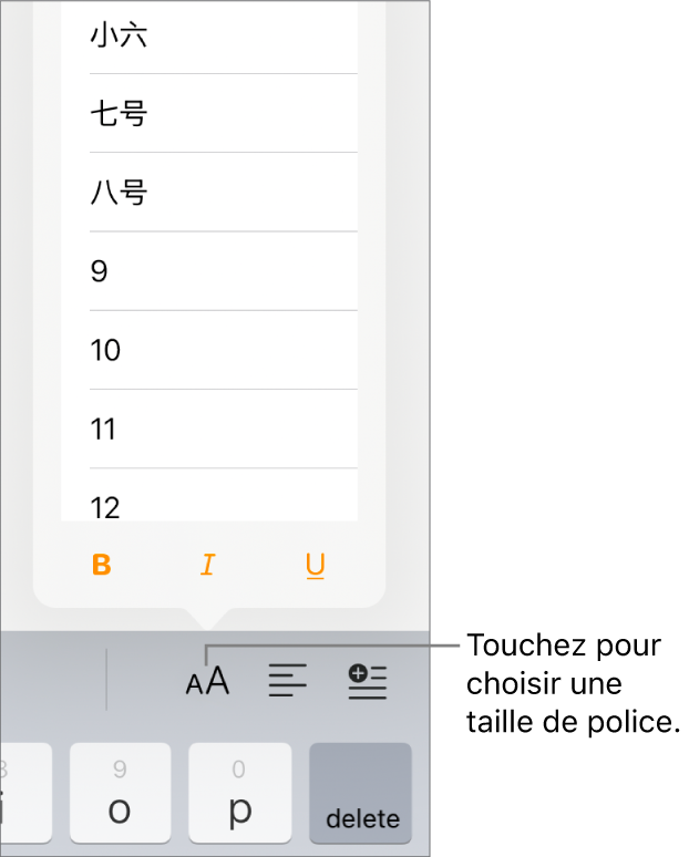 Bouton de taille de police sur le côté droit du clavier iPad avec le menu relatif aux tailles de police ouvert. Les tailles de police standard établies par le gouvernement de la Chine continentale apparaissent en haut du menu local, et les tailles des points s’affichent en dessous.