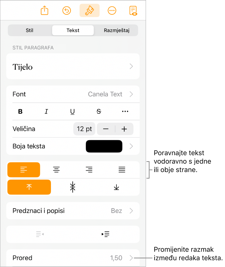 Tipka kontrola formatiranja s odabranom karticom Tekst i oblačićima na tipke poravnanja teksta te stavku izbornika Razmak između redaka.