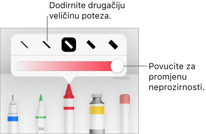 Kontrole za odabir veličine poteza i kliznik za prilagodbu neprozirnosti.