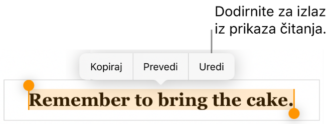 Rečenica je odabrana, a poviše nje je kontekstualni izbornik s tipkama Kopiraj i Uredi.
