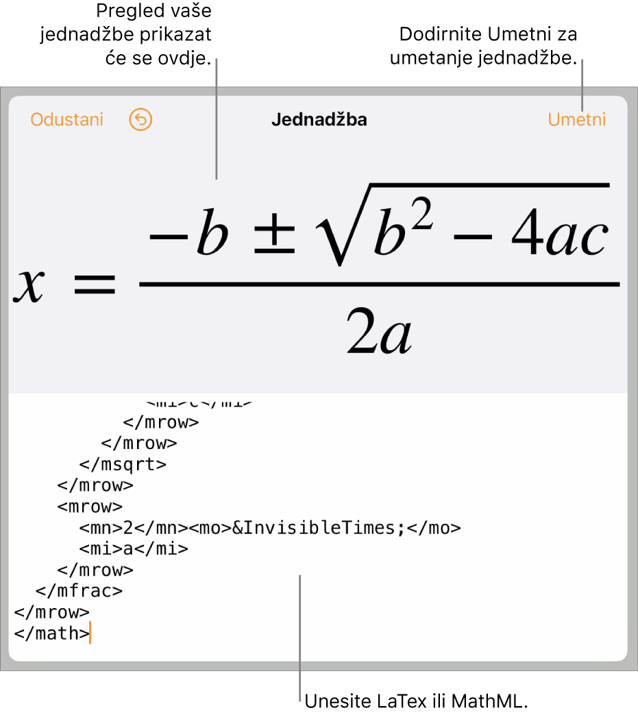 Dijaloški okvir Jednadžba koji prikazuje jednadžbu napisanu korištenjem MathML naredbi i prikaz gornje formule.