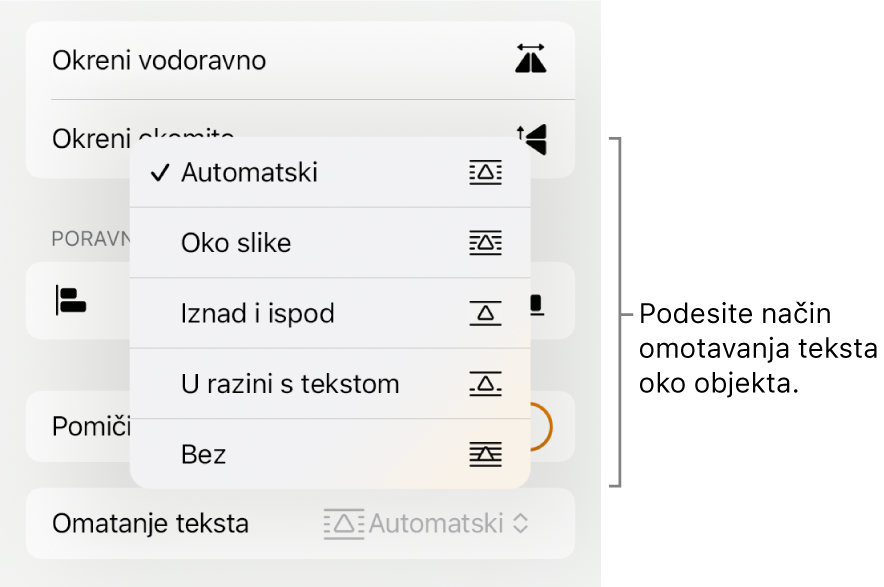 Kontrole formatiranja s odabranom karticom Razmjesti. Ispod se nalaze kontrole za Omatanje teksta uz Pomakni natrag/naprijed, Pomiči uz tekst i Omatanje teksta.