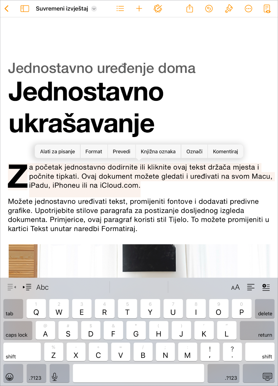 Dokument aplikacije Pages otvoren s odabranim držačem mjesta za tekst.