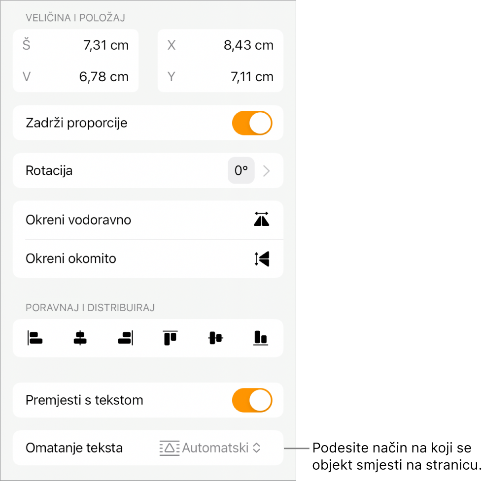 Kontrole formatiranja s odabranom karticom Razmjesti i kontrolama za opcije Pomakni natrag/naprijed, Pomiči uz tekst i Omatanje teksta.
