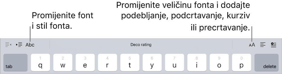 Tipke za formatiranje teksta iznad tipkovnice, počevši s lijeve strane s uvlakom, font, tri polja za predviđanje teksta, veličina fonta, poravnanje i umetanje.