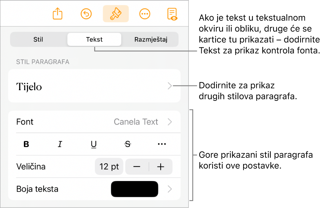 Izbornik Formatiraj s prikazom kontrola teksta za postavljanje paragrafa i stilova paragrafa, fonta, veličine i boje.