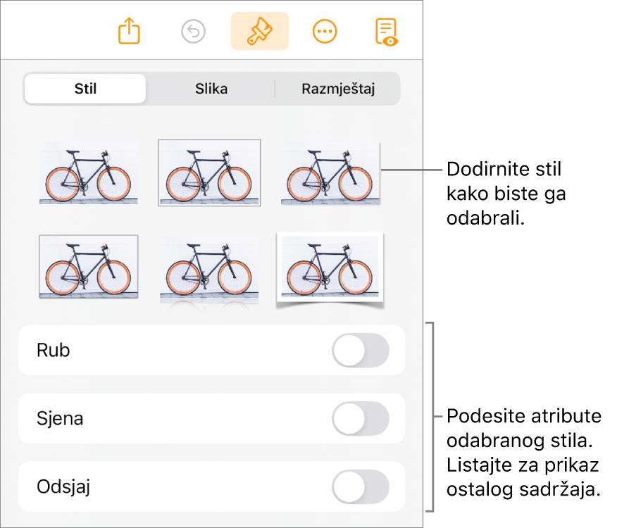 Kartica Stil izbornika Formatiraj sa stilovima objekata na vrhu i kontrole ispod njih za promjenu ruba, sjene, odsjaja i neprozirnosti.