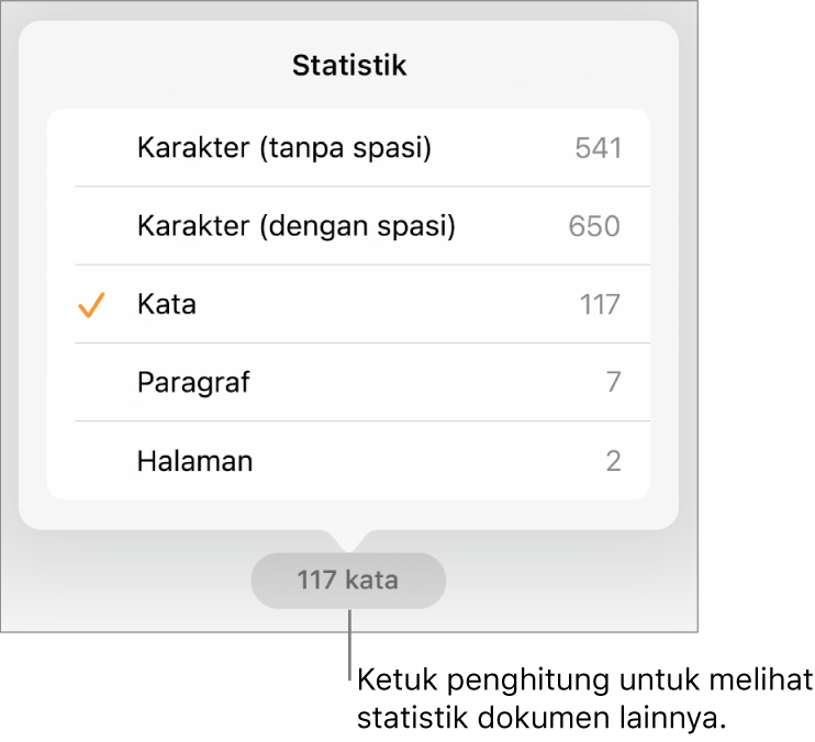 Penghitung kata dengan menu yang menampilkan pilihan untuk menampilkan jumlah karakter tanpa dan dengan spasi, jumlah paragraf, dan jumlah halaman.