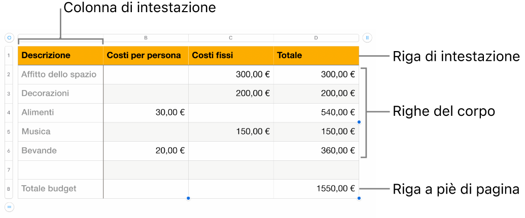 Tabella con righe e colonne di intestazione, corpo e piè di pagina.