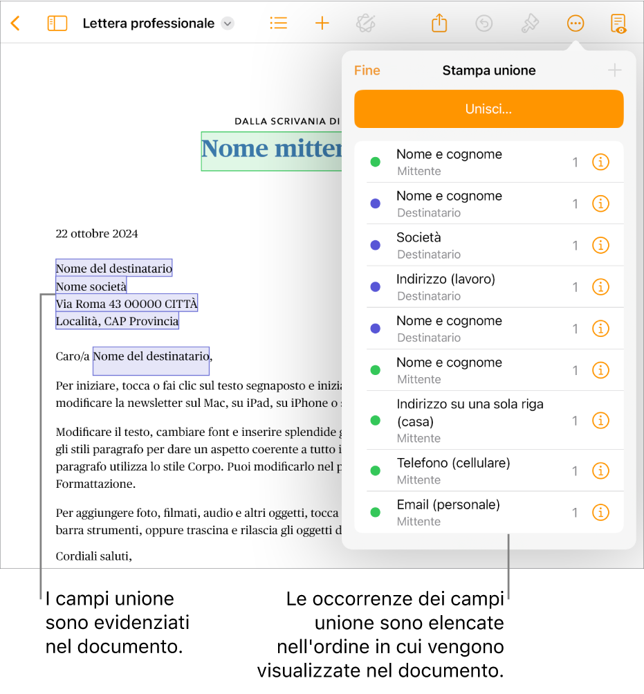 Documento di Pages con i campi unione del destinatario e del mittente e l’elenco delle istanze dei campi unione visibile nella barra laterale del documento.