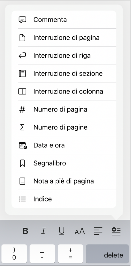 Barra delle abbreviazioni con i controlli Inserisci aperti sopra il pulsante Inserisci.