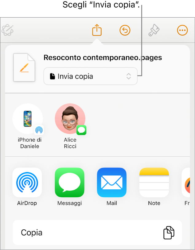 Il menu Condividi con l’opzione “Invia copia” selezionata in alto.