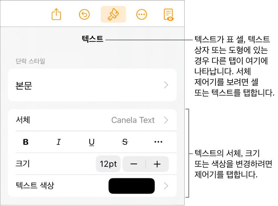 포맷 메뉴에 있는 단락, 문자 스타일, 서체, 크기 및 색상을 설정할 수 있는 텍스트 제어기.