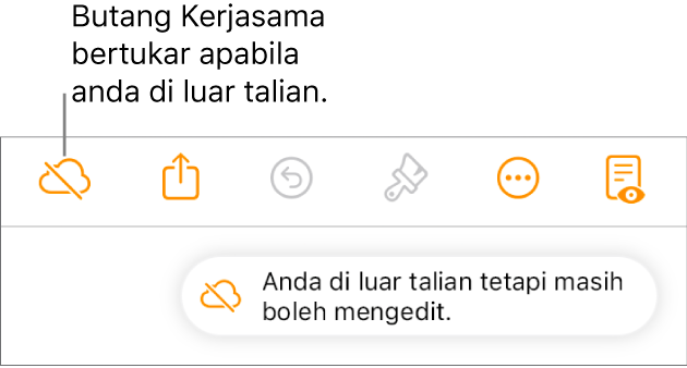 Isyarat pada skrin menyatakan “Anda di luar talian tetapi masih boleh mengedit”.