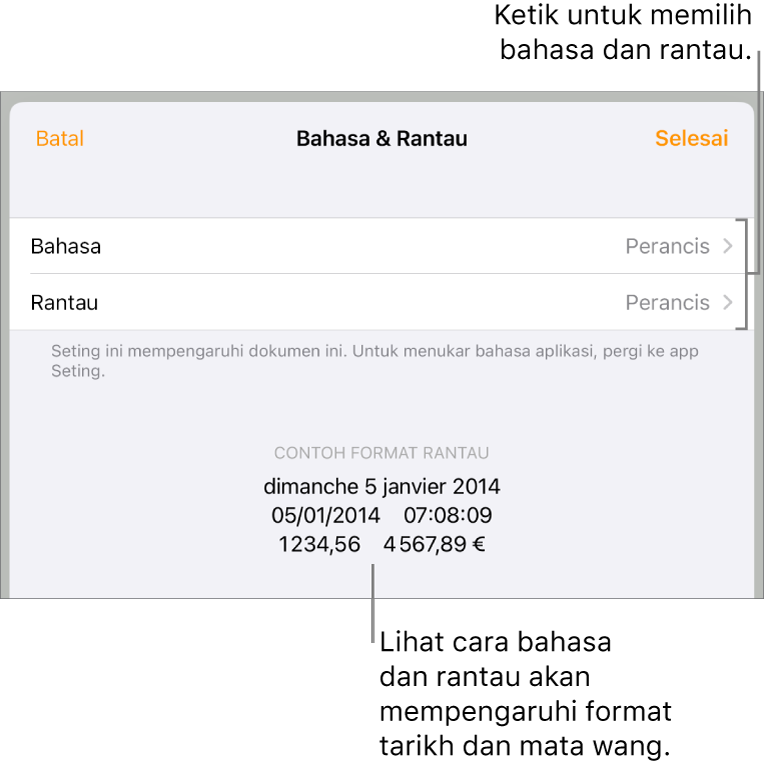 Anak tetingkap Bahasa dan Rantau dengan kawalan untuk bahasa dan rantau, serta contoh format termasuk tarikh, masa, perpuluhan dan mata wang.