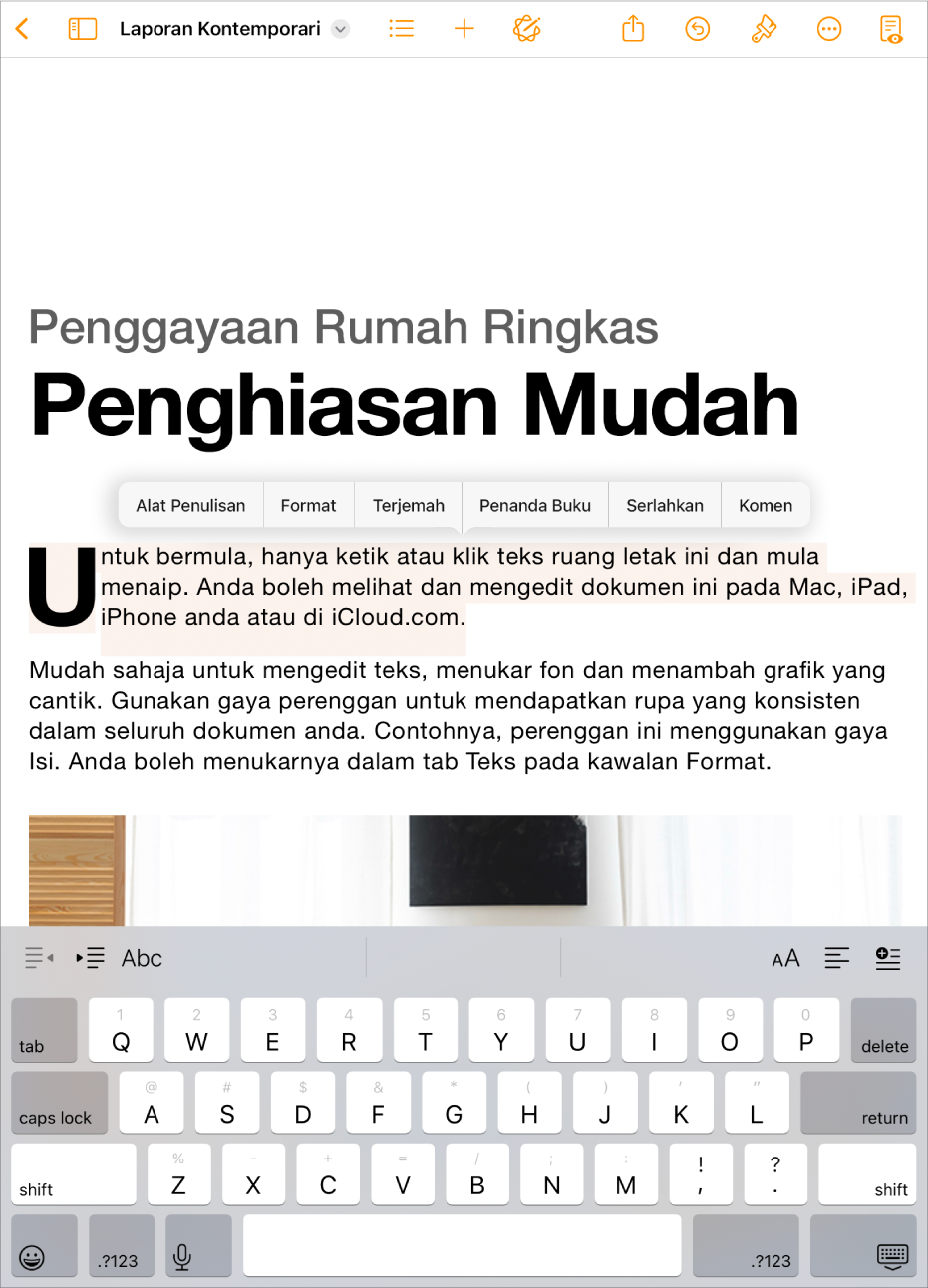 Dokumen Pages dibuka dengan teks ruang letak dipilih.