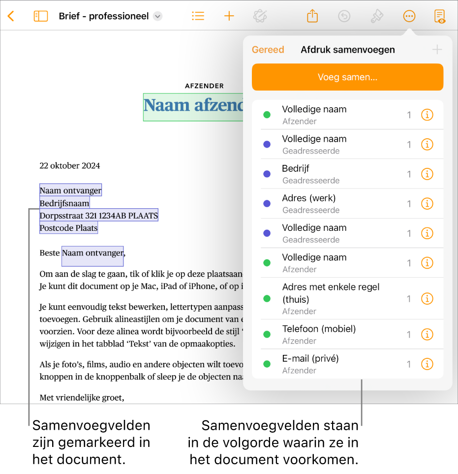 Pages-document met samenvoegvelden voor geadresseerde en afzender. In de navigatiekolom 'Document' wordt de lijst met alle gebruikte samenvoegvelden weergegeven.