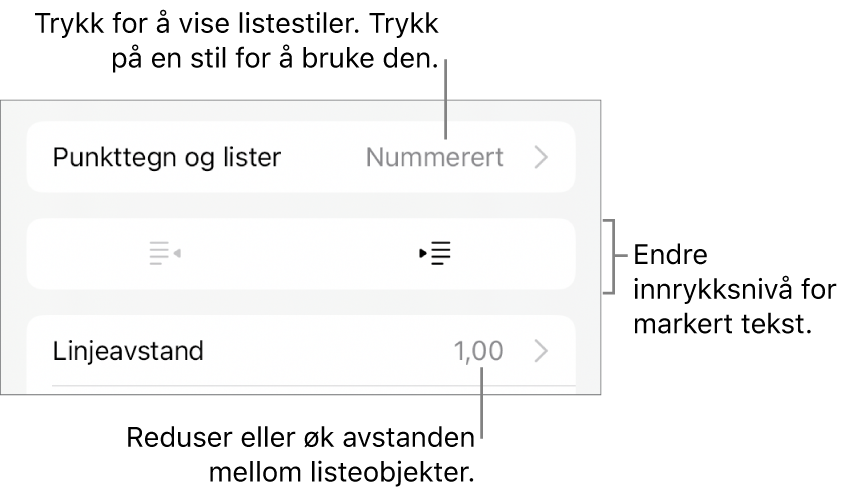 Punkttegn og lister-delen i Format-kontroller med bildeforklaringer for Punkttegn og lister, utrykk- og innrykk-knapper og linjeavstandskontroller.