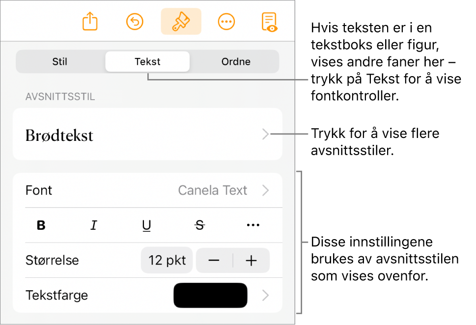 Format-menyen som viser tekstkontroller for å angi avsnitts- og tegnstiler, font, størrelse og farge.