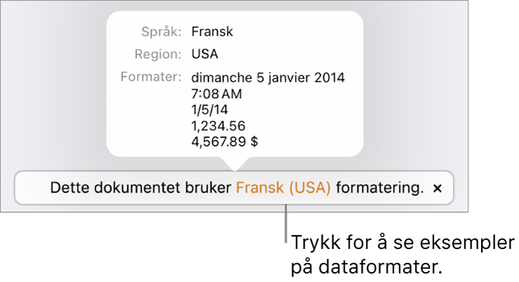 Varsling som viser en annen språk- og regionsinnstilling, med eksempler på formatering for det språket og den regionen.