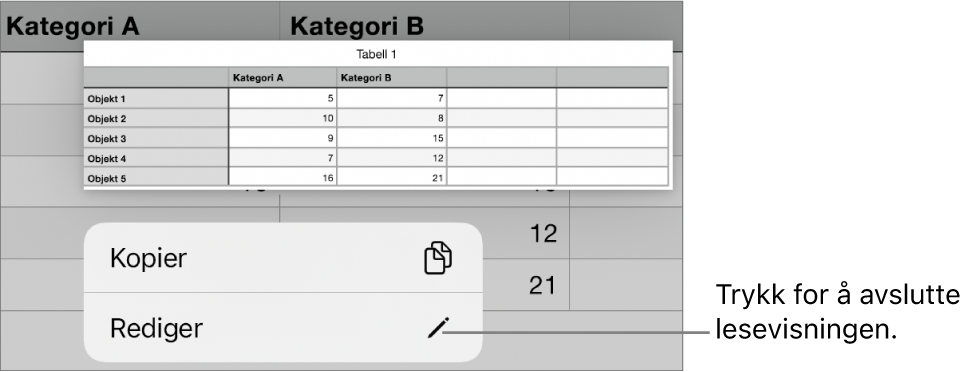 En tabellcelle er markert, og over den vises en meny med knappene Kopier og Rediger.