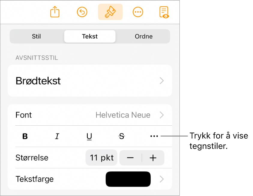 Format-kontrollene med avsnittsstiler øverst, deretter Font-kontroller. Under Font vises Halvfet-, Kursiv-, Understreket-, Gjennomstreket- og Flere tekstvalg-knappene.