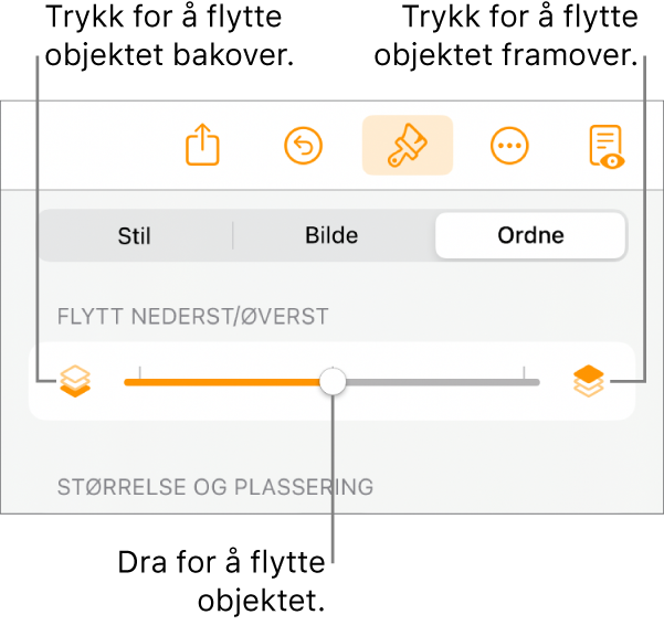 Flytt bakover-knappen, Flytt framover-knappen og skyveknappen for lagdeling.