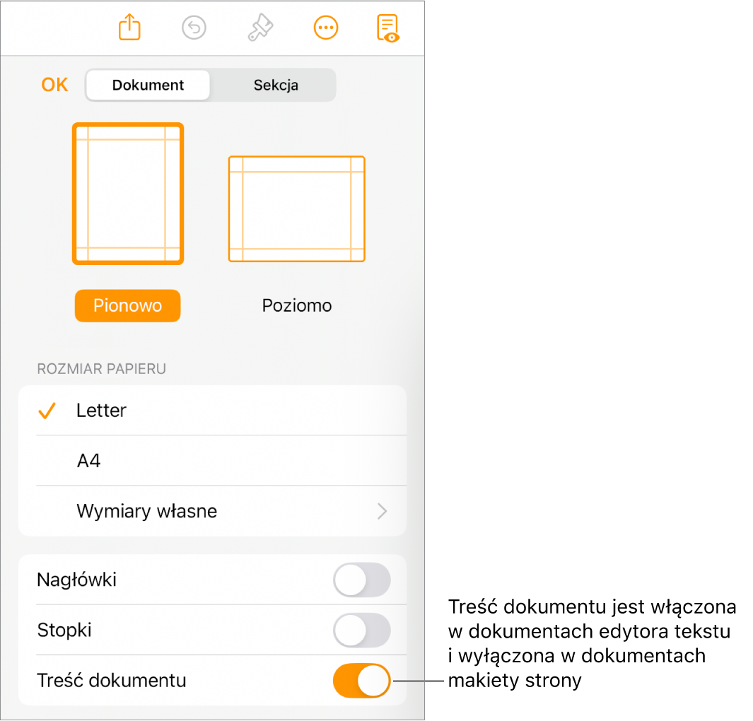 Narzędzia formatu dokumentu. Na dole ekranu widoczny jest włączony przełącznik Treść dokumentu.
