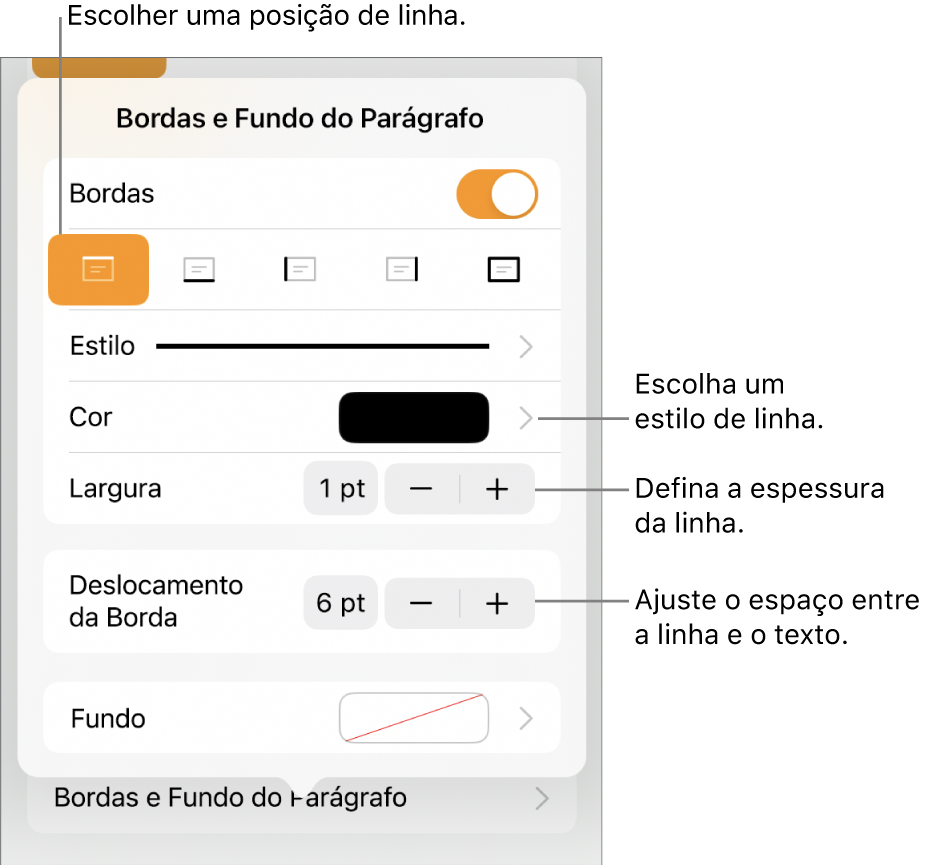 Controles para alterar o estilo, a espessura, a posição e a cor da linha.