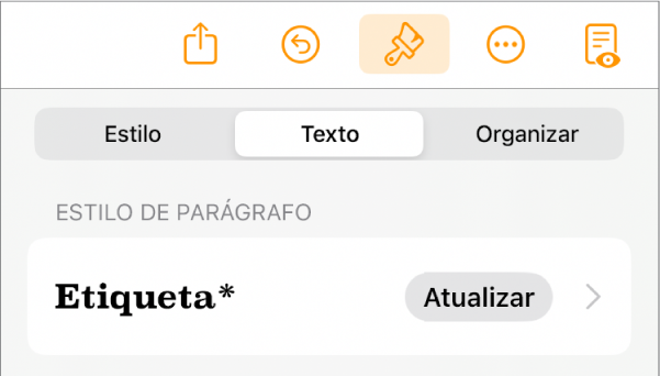 Estilo de parágrafo Corpo com um asterisco ao lado e um botão Atualizar à direita.