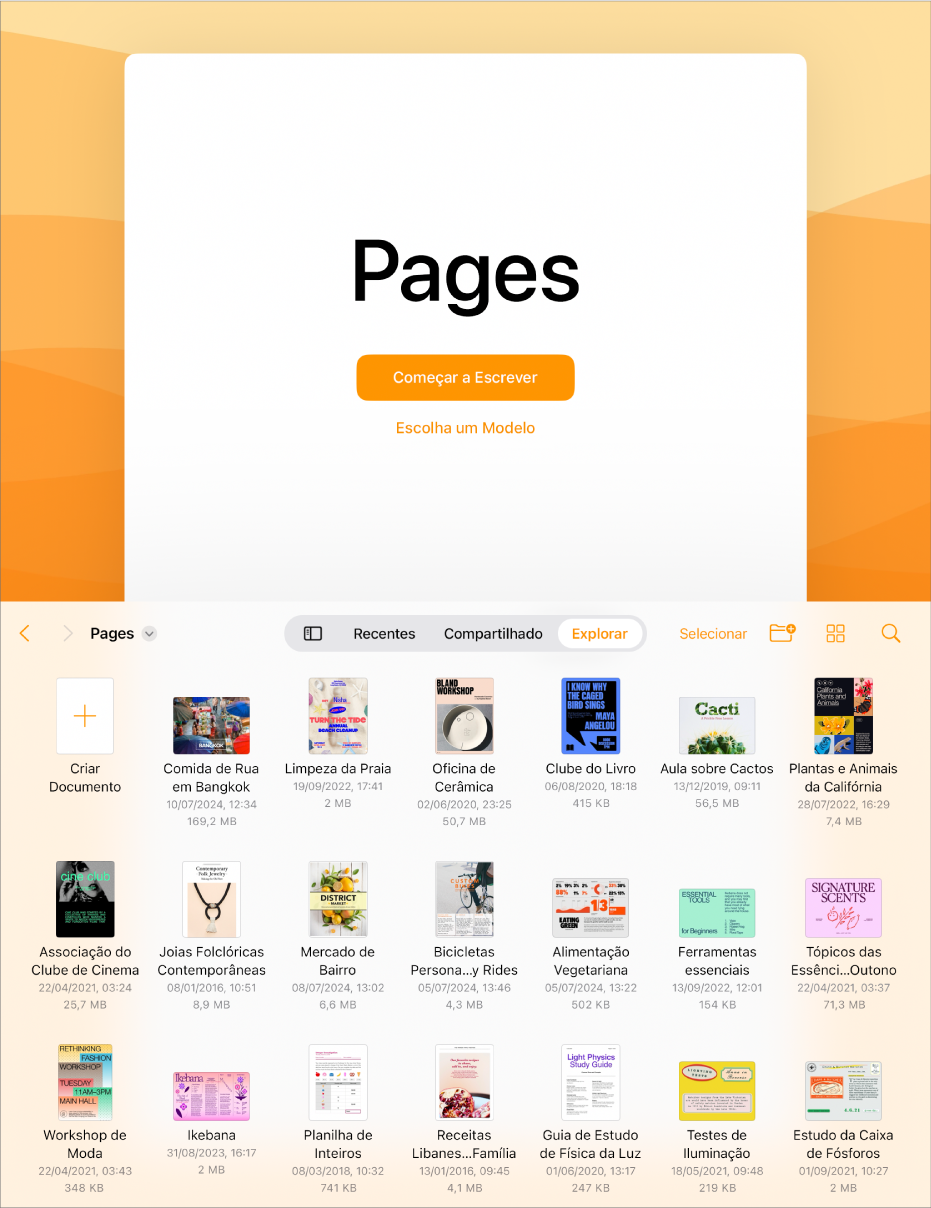 O gerenciador de documentos do Pages com botões para começar a escrever ou escolher um modelo no topo da tela e controles para abrir documentos salvos na parte inferior.