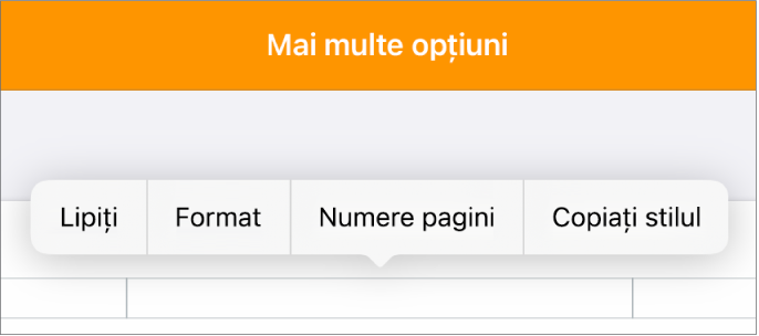 Trei câmpuri de antet cu punctul de inserare în cel din centru și un meniu pop-up afișând Numere pagini.