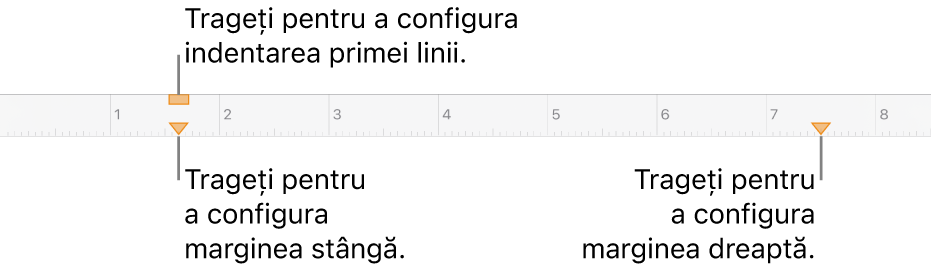 Rigla, cu explicații pentru marcajul de margine stânga, marcajul de indentare a primei linii și marcajul de margine dreapta.