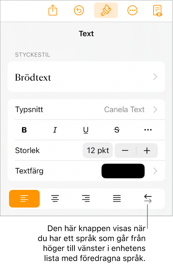 Textreglage i menyn Format med en linje som pekar på höger-till-vänsterknappen.