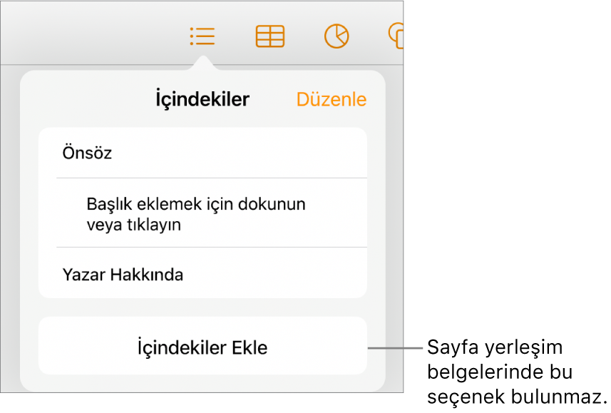 Sağ üst köşedeki Düzenle, içindekiler girişleri ve en altta da İçindekiler Ekle düğmesi ile içindekiler görüntüsü.