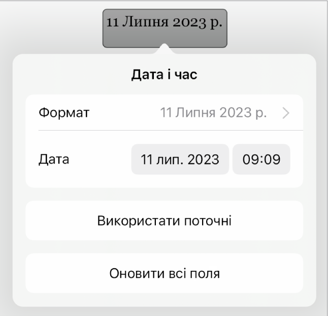 Елементи керування датою та часом із відкритим спливним меню дати, а також кнопками «Використати поточні» та «Оновити всі поля».