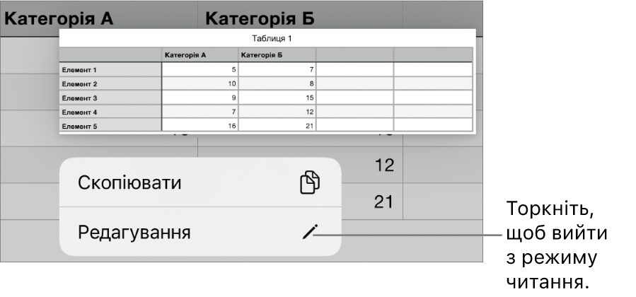 Вибрано клітинку в таблиці, зверху є меню з кнопками «Скопіювати» й «Редагувати».