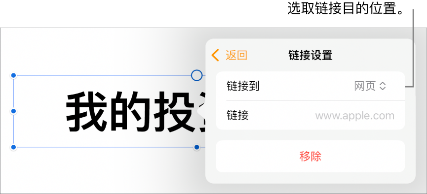 “链接设置”控制，“网页”已选中，“移除”按钮位于底部。