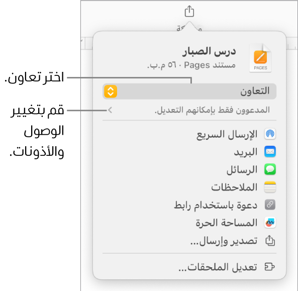 القائمة مشاركة حيث يظهر بها الخيار تعاون محددًا في الجزء العلوي، وإعدادات الوصول والأذونات في الجزء السفلي.