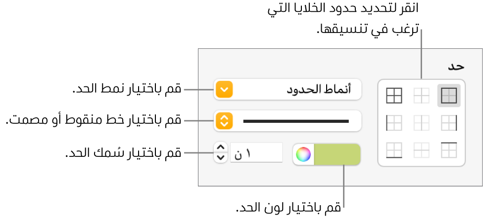 عناصر التحكم الخاصة بتطبيق أنماط حدود الخلايا.