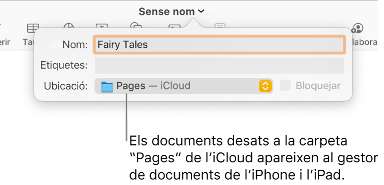 El quadre de diàleg “Desa” per a un document, amb “Pages - iCloud” al menú desplegable Ubicació.