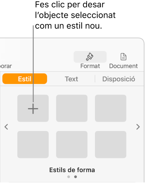 La pestanya “Estil” de la barra lateral “Format”, amb el botó “Crea un estil” a l’angle superior esquerre i cinc marcadors de posició d’estil buits.