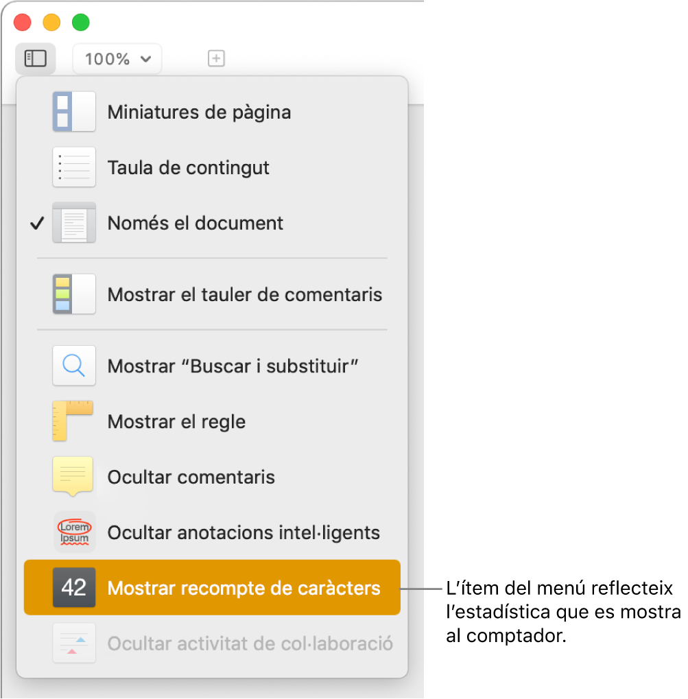 El menú “Mostra” amb l’opció “Mostra el recompte de caràcters” cap a la part inferior.