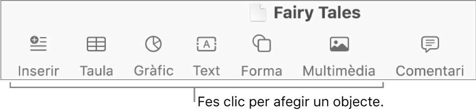 La barra d’eines del Pages amb els botons “Insereix”, “Taula”, “Gràfic”, “Text”, “Forma” i “Multimèdia”.