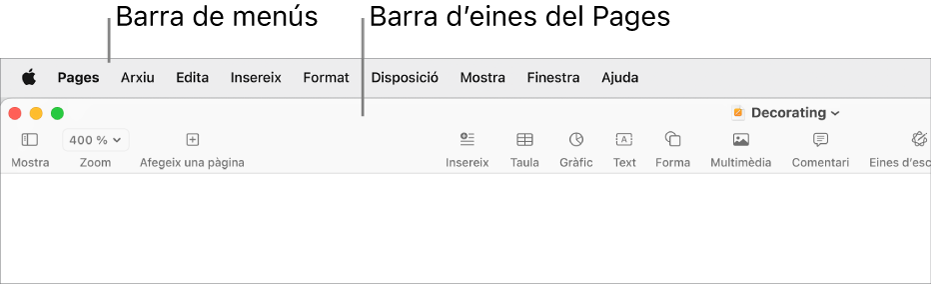 La barra de menú a la part superior de la pantalla amb els menús “Apple”, “Pages”, “Arxiu”, “Edita”, “Insereix”, “Format”, “Ordena”, “Mostra”, “Finestra” i “Ajuda”. A sota de la barra de comentaris hi ha obert un document del Pages amb els botons de barra d’eines “Mostra”, “Zoom”, “Afegeix una pàgina”, “Insereix”, “Taula”, “Gràfic”, “Text”, “Forma”, “Multimèdia”, “Comentari”, “Comparteix” i “Format” a la part superior.