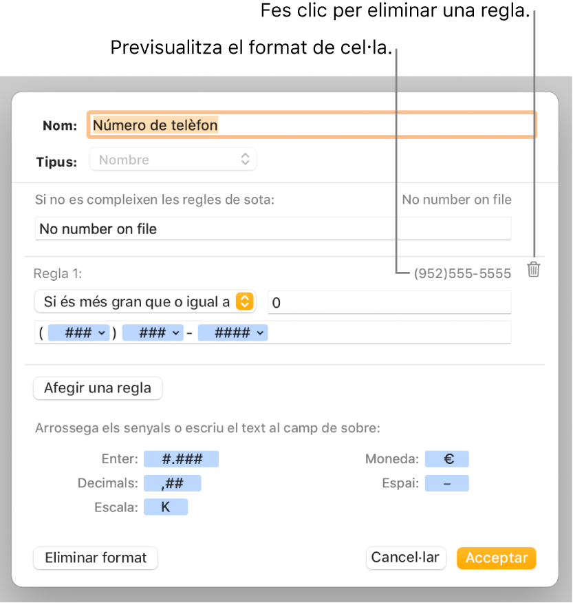 La finestra de format de cel·la personalitzat, amb controls per seleccionar el format numèric personalitzat.